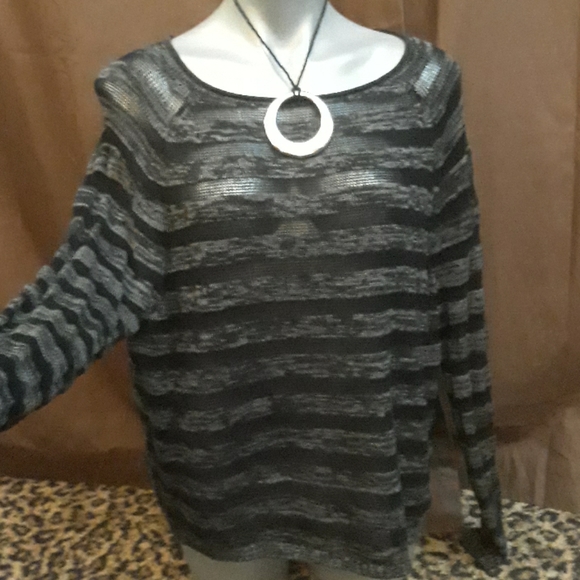 Eileen Fisher Organic cotton grey GRAY Striped black sheer Knit Sweater Womens L